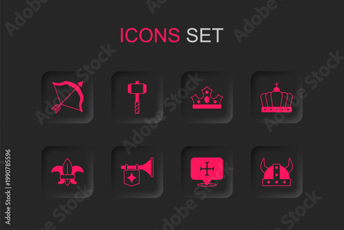 Set Trumpet with flag, Battle hammer, Medieval bow and arrow, Crusade, King crown, Viking horned helmet, and Fleur lys lily flower icon. Vector