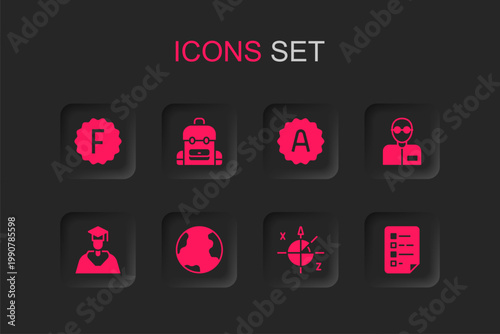 Set Earth globe, School backpack, Exam paper with incorrect answers, Trigonometric circle, Teacher, Clipboard checklist, sheet A plus grade and Graduate and graduation cap icon. Vector