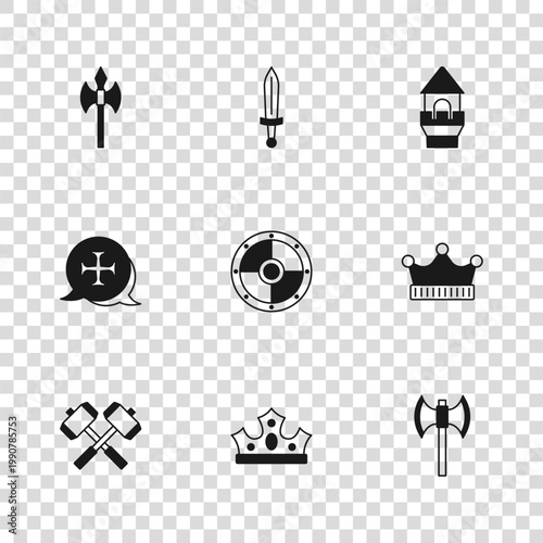 Set King crown, Medieval poleaxe, Round shield, Castle tower, sword and Crusade icon. Vector