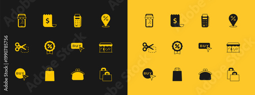 Set Location with percent, Paper shopping bag, Buy button, Wallet, Discount tag, POS terminal, Online phone and check and financial check icon. Vector