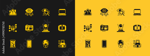Set Laptop, Mobile phone, Hologram, Planet earth and radiation, Motherboard, Eye scan, Exclamation mark in triangle and Computer vision icon. Vector