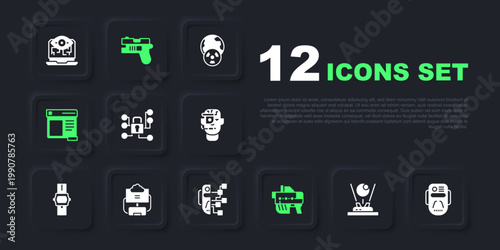 Set Hologram, Artificial intelligence robot, Cyber security, Futuristic weapon, Browser window, Cloud database, and Humanoid icon. Vector