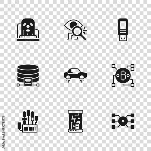Set Cryogenic capsules, Blockchain technology Bitcoin, Neural network, Fantastic flying car, USB flash drive, Radioactive warning lamp, Eye scan and Cloud database icon. Vector