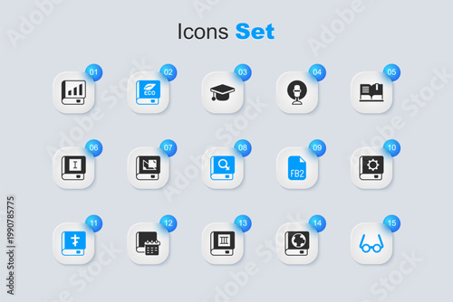 Set Earth globe and book, Book about geometry, ecology, Holy bible, Glasses, User manual, Financial and women icon. Vector