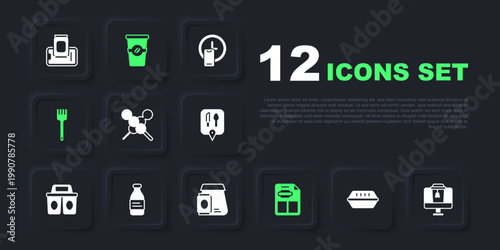 Set Lunch box, Online ordering food, Meatballs on wooden stick, Restaurant cafe menu, Fork, Bottle of water, Coffee cup to go and icon. Vector
