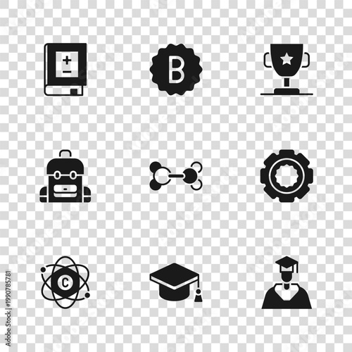 Set Graduation cap, Gear, Graduate and graduation, Molecule, Award cup, Book with mathematics, Exam paper incorrect answers and School backpack icon. Vector