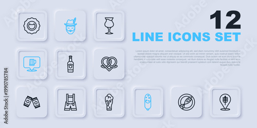Set line Dried fish, Wheat, Beer bottle, Salami sausage, Wooden beer mug, Lederhosen, Oktoberfest man and Glass of icon. Vector