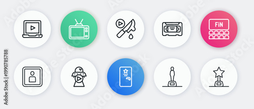 Set line Backstage, Cinema auditorium with screen, Play Video, Movie trophy, VHS video cassette tape, Thriller movie, and Science fiction icon. Vector