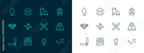 Set line Camping lantern, Hunting shop, Burning match with fire, Walkie talkie, Swiss army knife, Hunter boots, Tree and Hiking backpack icon. Vector