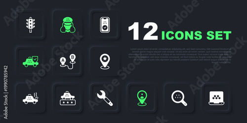 Set Search taxi, Taxi mobile app, Route location, client, car insurance, service rating, driver and Wrench spanner icon. Vector