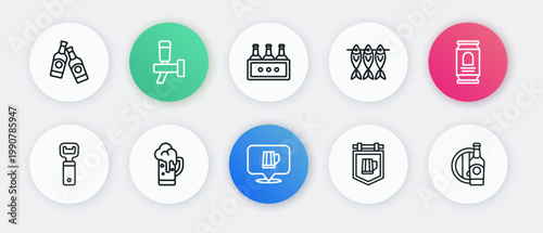 Set line Wooden beer mug, Beer can, Bottle opener, Street signboard with, Dried fish, Pack of bottles, and wooden barrel and Glass icon. Vector