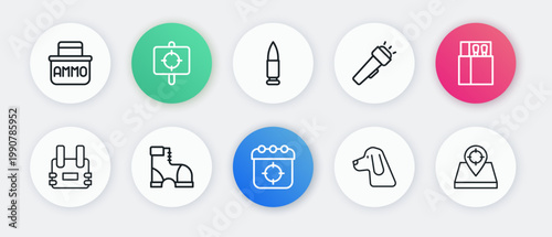 Set line Target sport, Open matchbox and matches, Bulletproof vest, Hunting dog, Flashlight, place and Hunter boots icon. Vector
