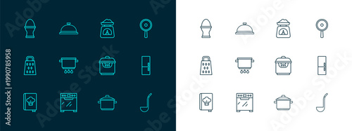 Set line Frying pan, Oven, Slow cooker, Cooking pot, on fire, Scales, Chicken egg stand and Covered with tray of food icon. Vector