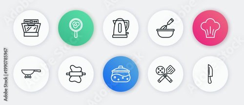 Set line Cooking pot, Chef hat, Frying pan on fire, Spatula, whisk with bowl, Electric kettle, Knife and Rolling pin dough icon. Vector