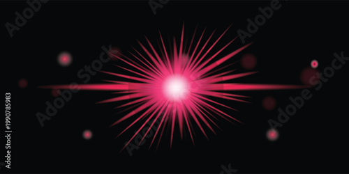 Dynamic pink and red starburst light effect with glowing rays and optical lens flare on a dark background, abstract graphic element.