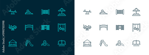 Set line Sandbox with sand, Slide playground, Swedish wall, Playground kids bridge, Education logic game, Seesaw and icon. Vector