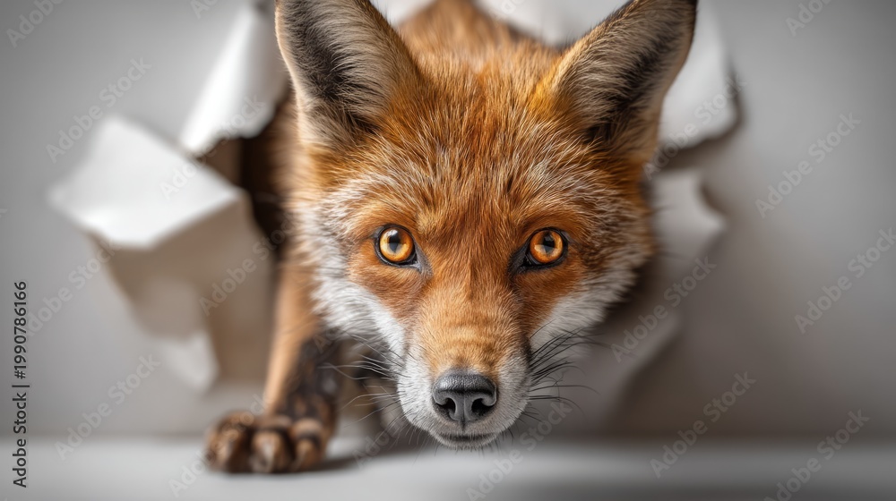 Fototapeta premium Fox Emerging Through Torn Cream-Colored Paper Background in Close-Up View