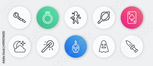Set line Burning candle on skull, Playing cards, Moon stars, Ghost, Magic hand mirror, Voodoo doll, Dagger and wand icon. Vector