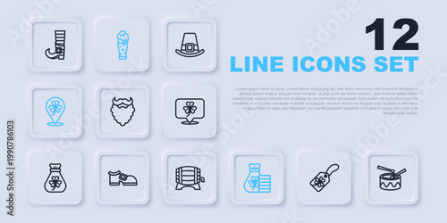 Set line Clover trefoil leaf with tag, Drum drum sticks, Mustache and beard, Money bag clover, Leprechaun boot, Glass of beer and Wooden barrel rack icon. Vector