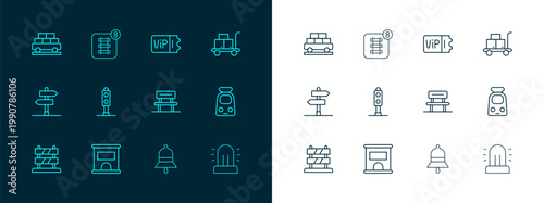 Set line Trolley suitcase, Ticket office to buy tickets, Waiting hall, Train station bell, traffic light, Cargo train wagon and Online booking icon. Vector