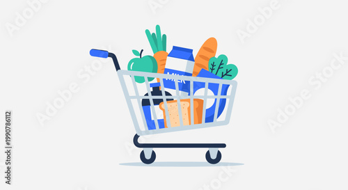 Shopping cart full of fresh groceries in colorful flat illustration for e-commerce