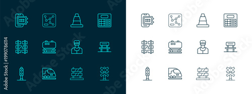 Set line Train station board, High-speed train, conductor, End of railway tracks, Oil cistern, Traffic cone, Online ticket booking and Railway map icon. Vector