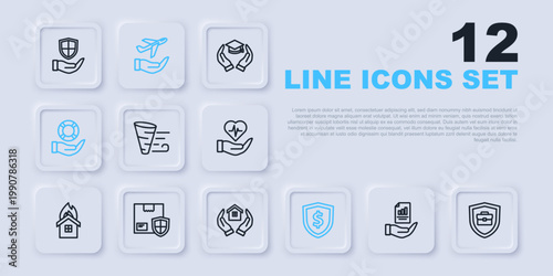 Set line Contract in hand, Briefcase with shield, Tornado, Shield dollar, Lifebuoy, Delivery security, Plane and House icon. Vector