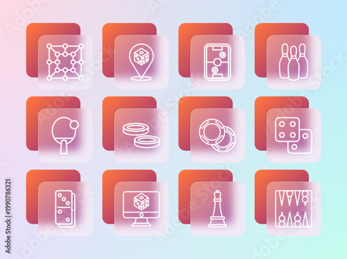 Set line Bowling pin, Game dice, Casino chips, Chess, Checker game, Air hockey table, Board and icon. Vector