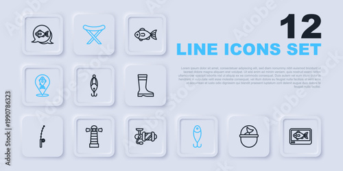 Set line Fishing bucket with fish, finder echo sounder, lure, Location fishing, Lighthouse, Camping folding chair and Spinning reel for icon. Vector