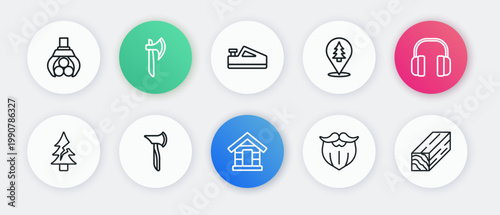 Set line Dog house, Headphones, Tree, Mustache and beard, Location of the forest, Wood plane tool, Wooden beam and axe icon. Vector