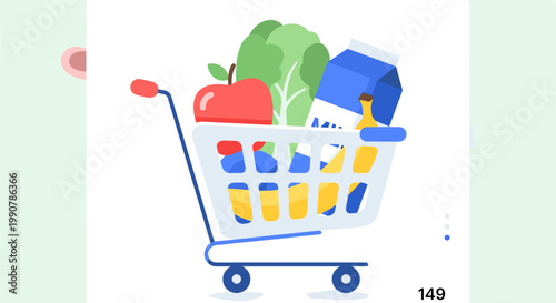 Colorful grocery shopping cart with fresh produce and packaged goods in flat illustration style for e-commerce