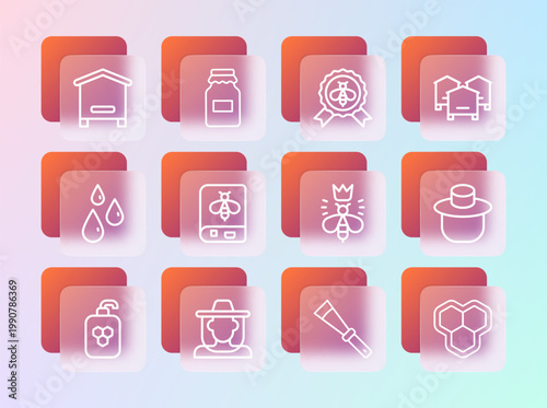 Set line Hive for bees, Beekeeper with protect hat, Queen, Beekeeping knife, Book about, Best, and Jar of honey icon. Vector