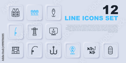 Set line Fishing hook with fish, net, Lighthouse, Location fishing, rod, Dried and icon. Vector