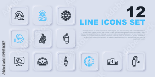 Set line Award over sports winner podium, Car muffler, Racing track, Speedometer, helmet, tire wheel and spark plug icon. Vector