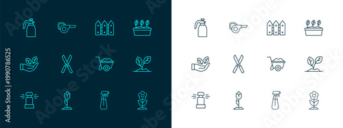 Set line Plant in pot, Flower tulip, Wheelbarrow, Garden sprayer for water, Gardening scissors, fence wooden, and Leaf garden blower icon. Vector