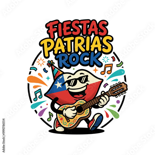 Chilean lips mascot playing guitar with Fiestas Patrias Rock text