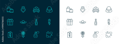 Set line Handbag, International Women Day, Champagne bottle, Perfume, Elegant women hat, Bedroom, Paper shopping and Heart icon. Vector