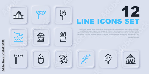 Set line Cotton candy, Circus tent, Attraction carousel, Magic wand, Drum with drum sticks, fire hoop, Festive mask and Carnival garland flags icon. Vector