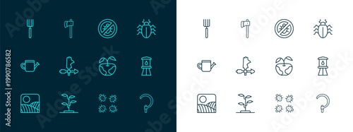 Set line Colorado beetle, Sprout, Apple, Rooster weather vane, Stop colorado, Garden pitchfork and Wooden axe icon. Vector