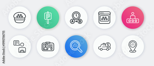 Set line Search taxi, Taxi service rating, driver, Taximeter device, mobile app, waiting time, Location car and license icon. Vector