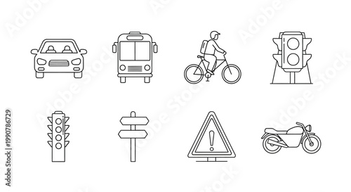 Transportation Road Signs and Vehicles Icons.