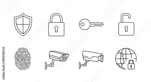 Security and protection line icons set with shield padlock key and fingerprint.