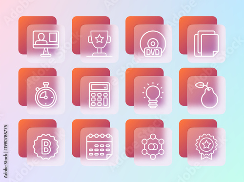 Set line File document, School timetable, Creative lamp light idea, Molecule, Calculator, CD DVD disk, Online class and Award cup icon. Vector