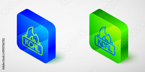 Isometric line Kcal icon isolated on isolated on grey background. Health food. Blue and green square button. Vector