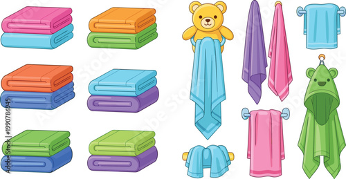 Kids Towels and Bath Textiles Collection with Folded Blankets Hanging Towels and Cute Animal Hooded Designs Flat Vector Illustration Set