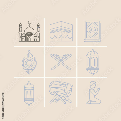 Islamic Icons Grid with Mosque Kaaba Quran and Lanterns.