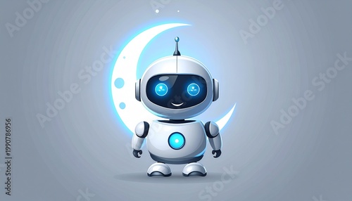 Futuristic AI robot mascot with moon antenna on gradient silver background