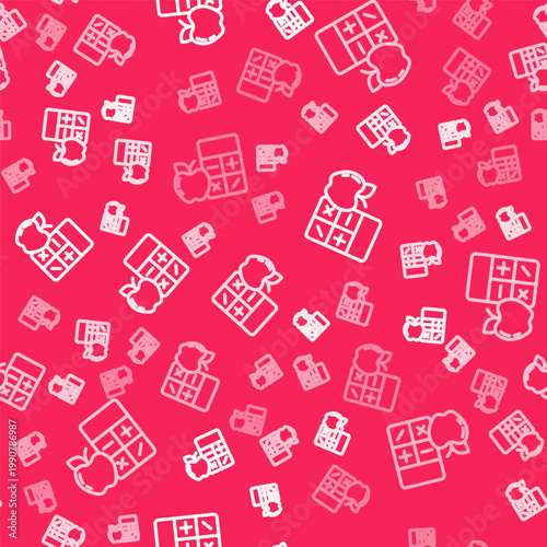 White line Calorie calculator icon isolated on isolated seamless pattern on red background. Calorie count. Diet. Weight loss. Portion control. Healthy eating. Dietary nutrition. Vector