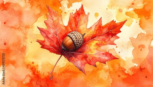 Autumn squirrel with acorn on vibrant red maple leaf background