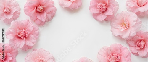 Pink camellia flat lay border on white background with soft diffused light and clean copy space